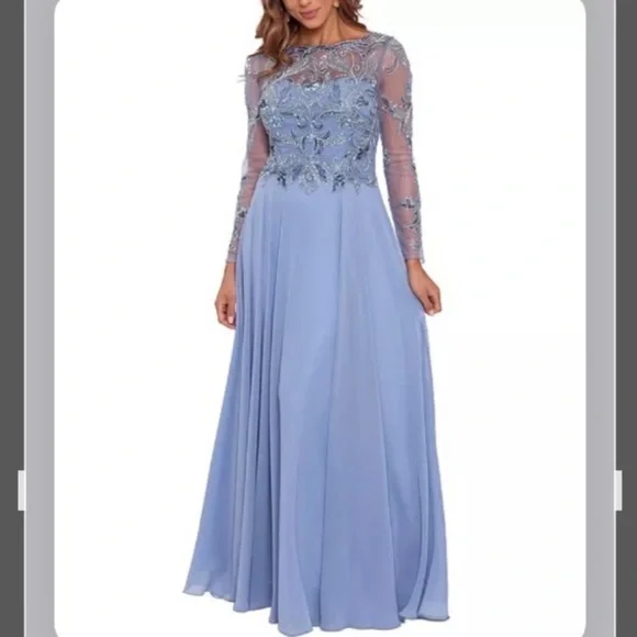 XSCAPE Petite Sequin Embellished Long Sleeve BoatNeck Chiffon Gown in Dusty Blue - Picture 4 of 10